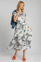 Umgee Two-Tone Landscape Print Midi Dress in Black Mix
