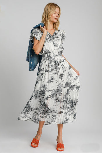 Umgee Two-Tone Landscape Print Midi Dress in Black Mix