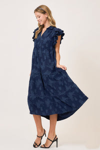 Umgee Solid Color Floral Burnout Midi Dress in Navy