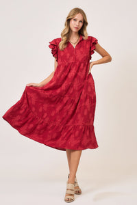 Umgee Solid Color Floral Burnout Midi Dress in Cherry Red