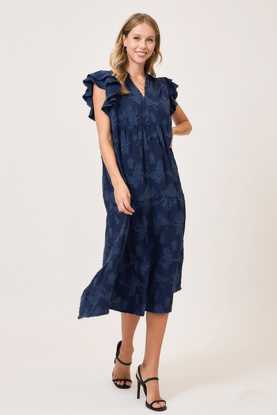 Umgee Solid Color Floral Burnout Midi Dress in Navy