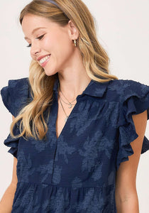 Umgee Solid Color Floral Burnout Midi Dress in Navy