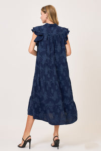 Umgee Solid Color Floral Burnout Midi Dress in Navy