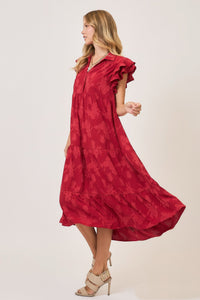 Umgee Solid Color Floral Burnout Midi Dress in Cherry Red