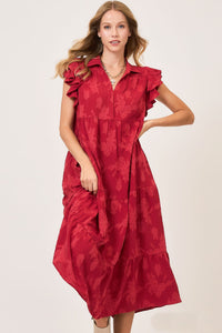 Umgee Solid Color Floral Burnout Midi Dress in Cherry Red