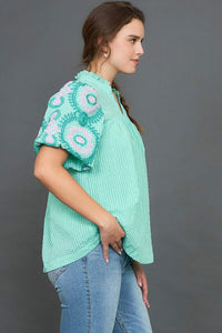 Umgee Checkered Seersucker Top with Embroidered Sleeves in Mint Blue