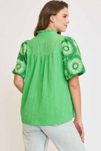 Load image into Gallery viewer, Umgee Checkered Seersucker Top with Embroidered Sleeves in Green
