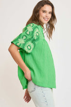 Load image into Gallery viewer, Umgee Checkered Seersucker Top with Embroidered Sleeves in Green
