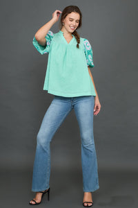 Umgee Checkered Seersucker Top with Embroidered Sleeves in Mint Blue