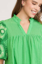 Load image into Gallery viewer, Umgee Checkered Seersucker Top with Embroidered Sleeves in Green
