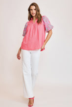 Load image into Gallery viewer, Umgee Checkered Seersucker Top with Embroidered Sleeves in Coral Pink
