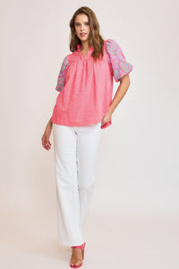 Umgee Checkered Seersucker Top with Embroidered Sleeves in Coral Pink