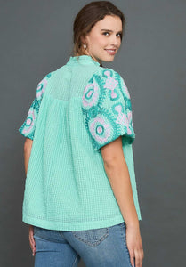 Umgee Checkered Seersucker Top with Embroidered Sleeves in Mint Blue