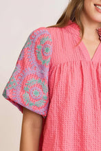 Load image into Gallery viewer, Umgee Checkered Seersucker Top with Embroidered Sleeves in Coral Pink
