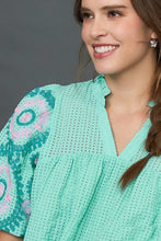 Load image into Gallery viewer, Umgee Checkered Seersucker Top with Embroidered Sleeves in Mint Blue
