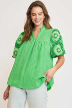 Load image into Gallery viewer, Umgee Checkered Seersucker Top with Embroidered Sleeves in Green
