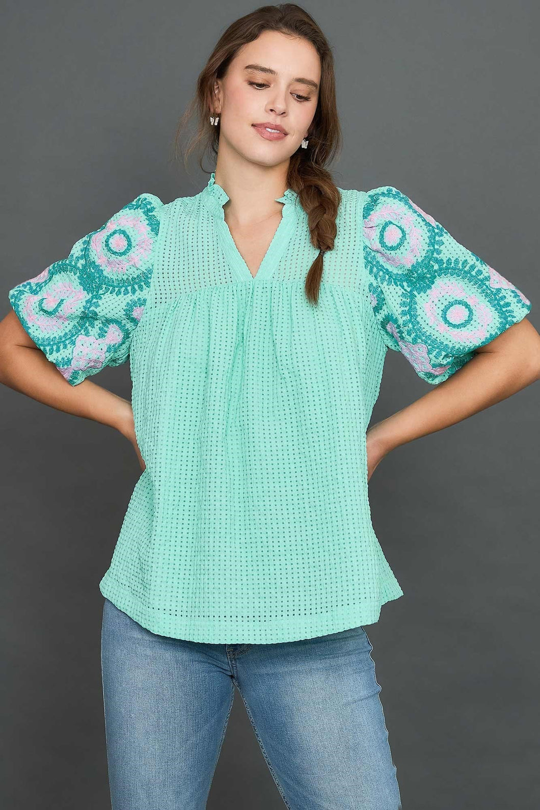 Umgee Checkered Seersucker Top with Embroidered Sleeves in Mint Blue