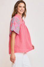 Load image into Gallery viewer, Umgee Checkered Seersucker Top with Embroidered Sleeves in Coral Pink
