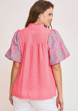 Load image into Gallery viewer, Umgee Checkered Seersucker Top with Embroidered Sleeves in Coral Pink
