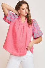 Load image into Gallery viewer, Umgee Checkered Seersucker Top with Embroidered Sleeves in Coral Pink
