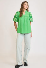 Load image into Gallery viewer, Umgee Checkered Seersucker Top with Embroidered Sleeves in Green
