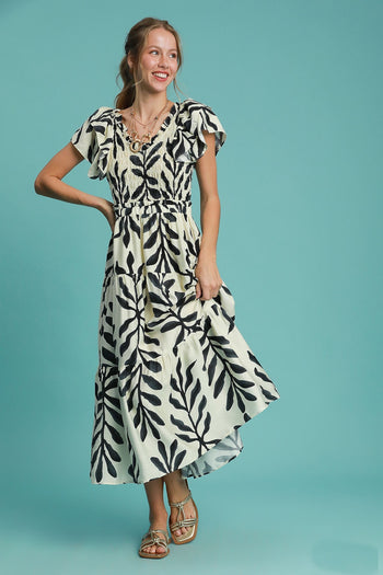 Umgee Abstract Print Leaf Maxi Dress in Black
