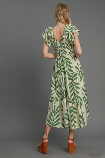 Umgee Abstract Print Leaf Maxi Dress in Green S Umgee Abstract Print Leaf Maxi Dress in Green S