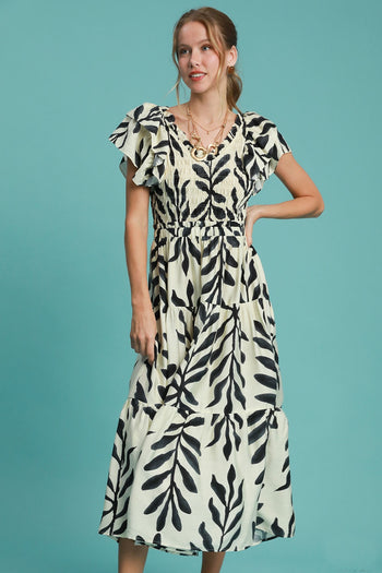 Umgee Abstract Print Leaf Maxi Dress in Black