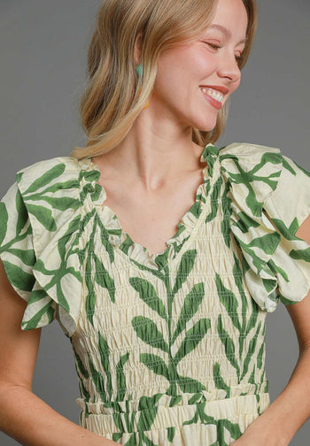 Umgee Abstract Print Leaf Maxi Dress in Green