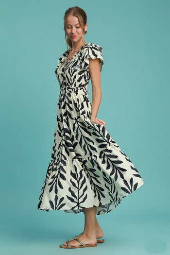 Umgee Abstract Print Leaf Maxi Dress in Black