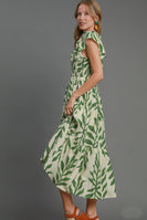 Umgee Abstract Print Leaf Maxi Dress in Green