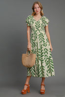 Umgee Abstract Print Leaf Maxi Dress in Green