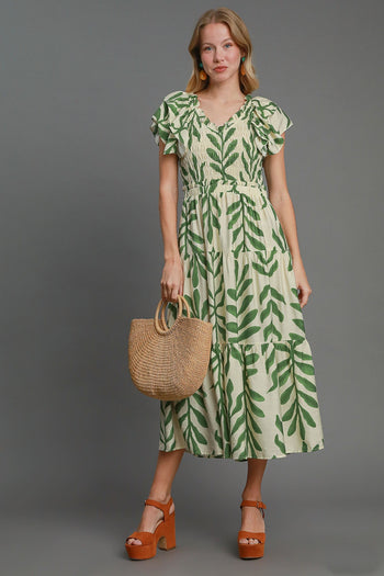 Umgee Abstract Print Leaf Maxi Dress in Green
