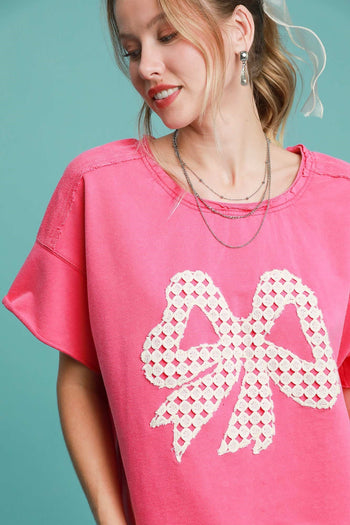 Umgee French Terry Top with Lace Applique Bow in Hot Pink