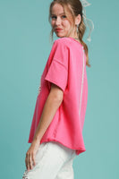 Umgee French Terry Top with Lace Applique Bow in Hot Pink