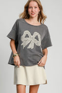 Umgee French Terry Top with Lace Applique Bow in Charcoal