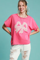 Umgee French Terry Top with Lace Applique Bow in Hot Pink