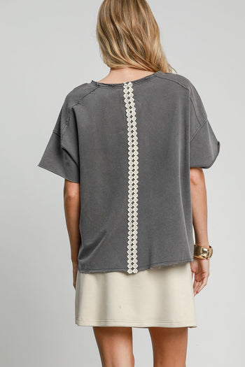 Umgee French Terry Top with Lace Applique Bow in Charcoal