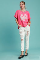 Umgee French Terry Top with Lace Applique Bow in Hot Pink