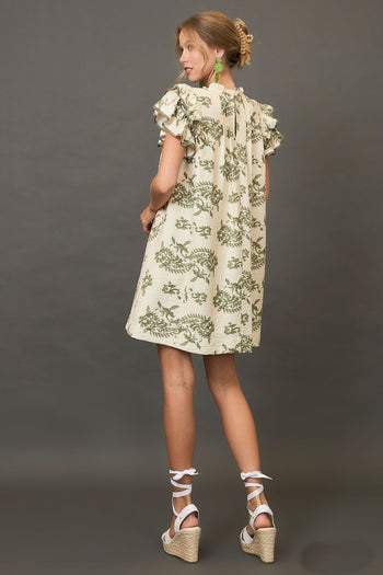 Umgee Two Toned Paisley Print Mini Dress in Green Mix