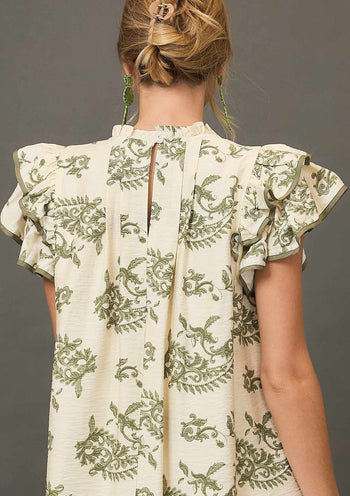 Umgee Two Toned Paisley Print Mini Dress in Green Mix