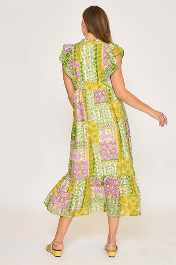 Umgee Mixed Patchwork Print Midi Dress in Green Mix
