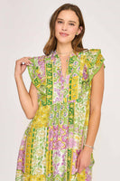 Umgee Mixed Patchwork Print Midi Dress in Green Mix