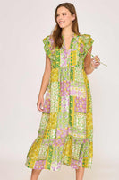 Umgee Mixed Patchwork Print Midi Dress in Green Mix