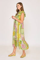 Umgee Mixed Patchwork Print Midi Dress in Green Mix