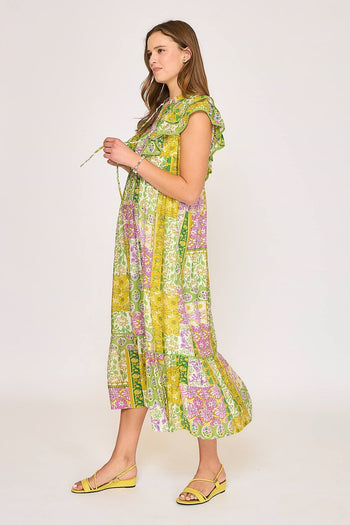 Umgee Mixed Patchwork Print Midi Dress in Green Mix