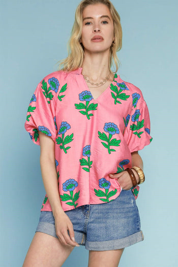 Umgee Bold Colored Floral Print Top in Pink Mix