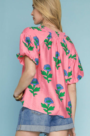 Umgee Bold Colored Floral Print Top in Pink Mix
