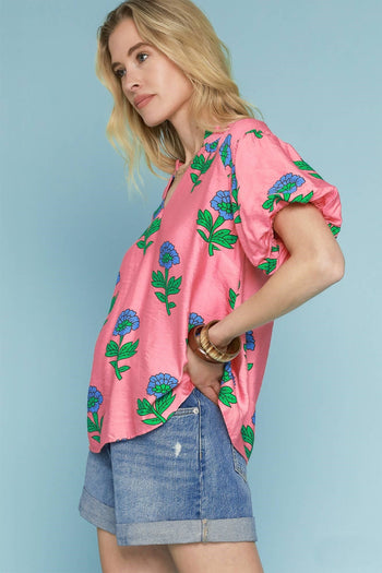 Umgee Bold Colored Floral Print Top in Pink Mix