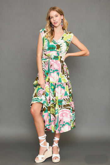 Umgee Floral Print Sleeveless Midi Dress in Green Mix